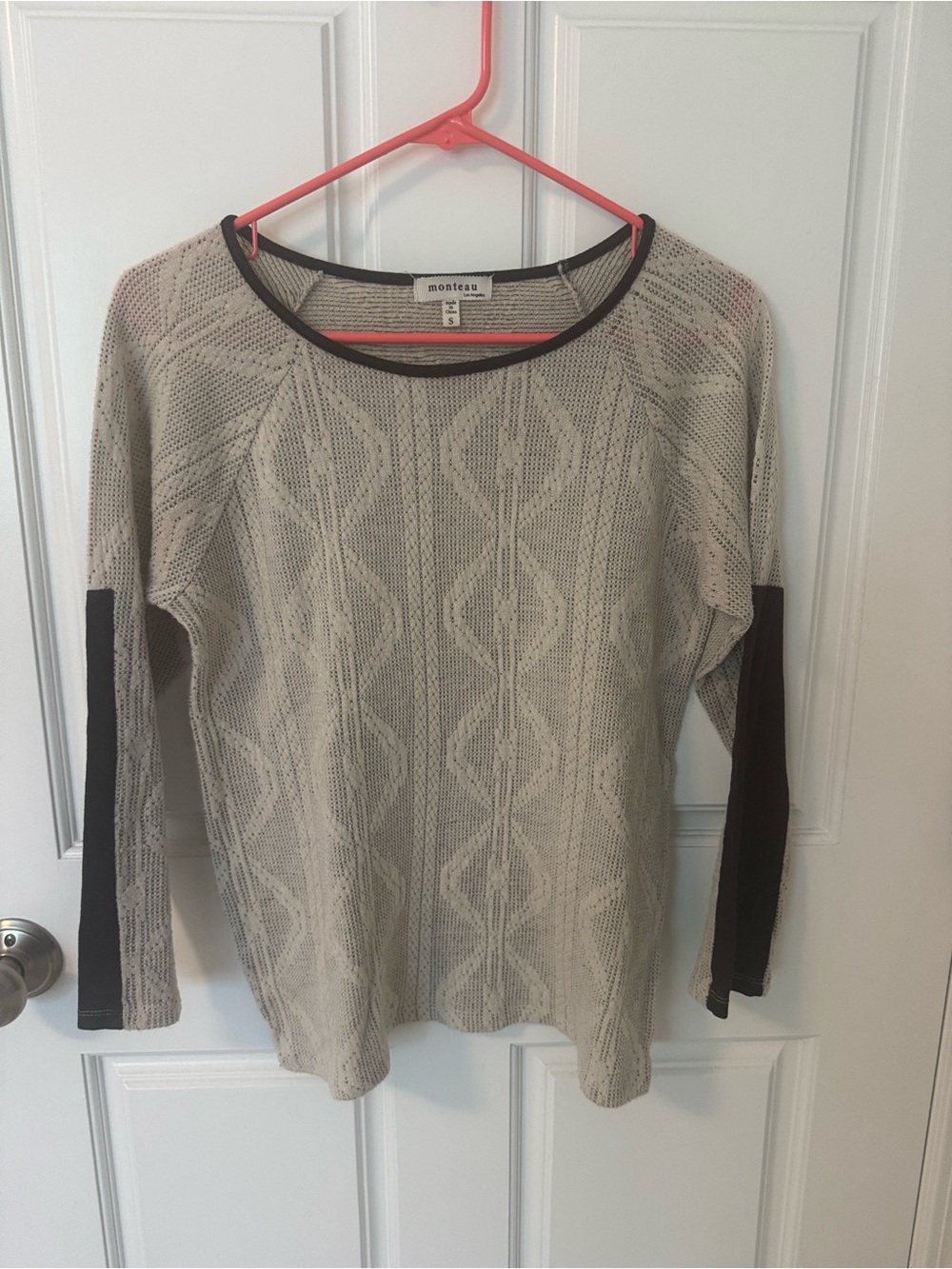 Monteau Beige Cable Knit top with Black Elbow Panels